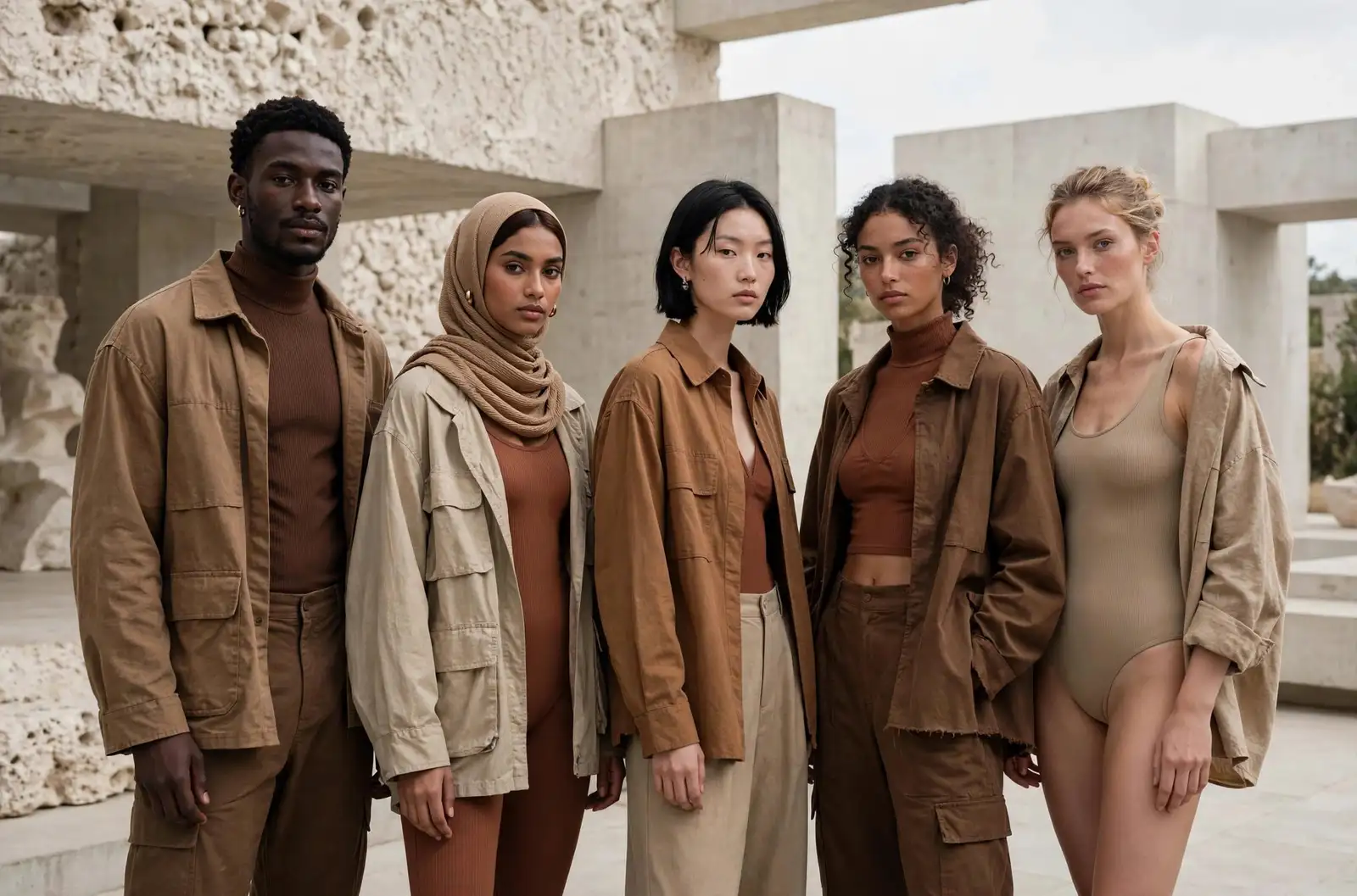 NSLR.CO Drop 001 — models in earth-tone essentials against a stark studio backdrop