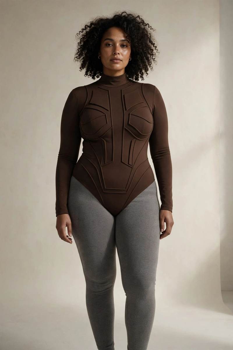 Look 02 — espresso bodysuit with stone legging