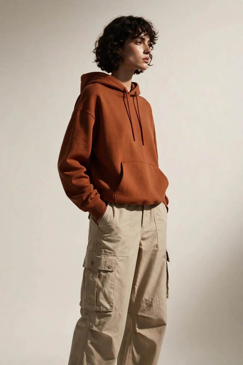 Look 03 — rust hoodie with sand cargo pants